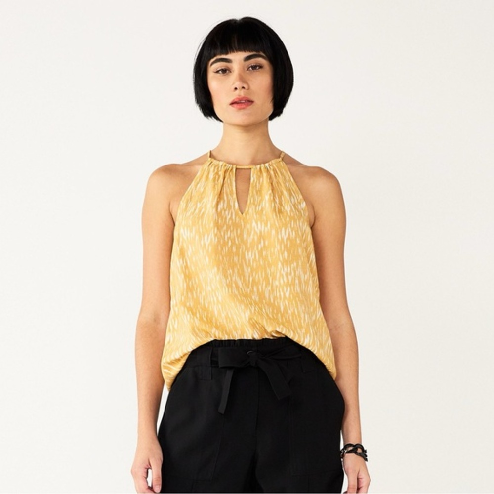 NWT Nine West Women’s High Neck Keyhole Tank, Gold Ikat Dot, Size Small